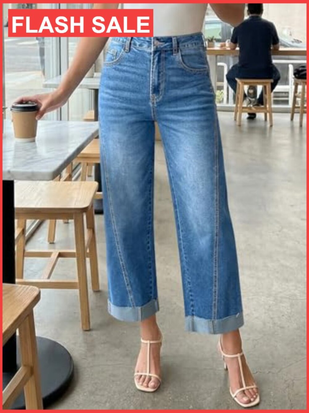 High Waisted Cropped Straight Wide Leg Cuffed Boyfriend Jeans - Picture 2 of 7
